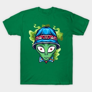 drunken green  alien wear blue hat and smoke T-Shirt